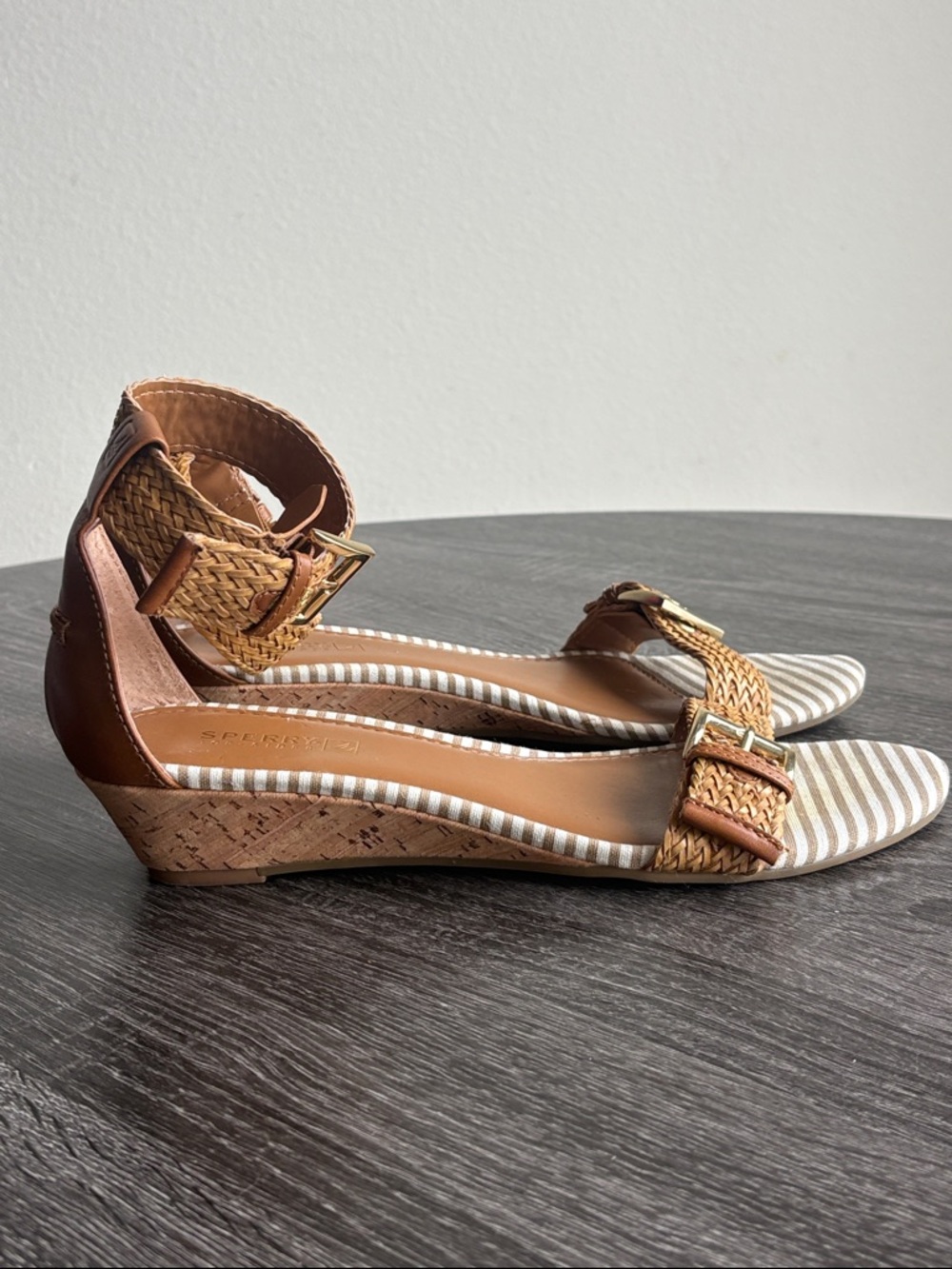 Sperry Tan Braided Ankle-Strap Sandals with Striped Toe - Picture 13 of 14
